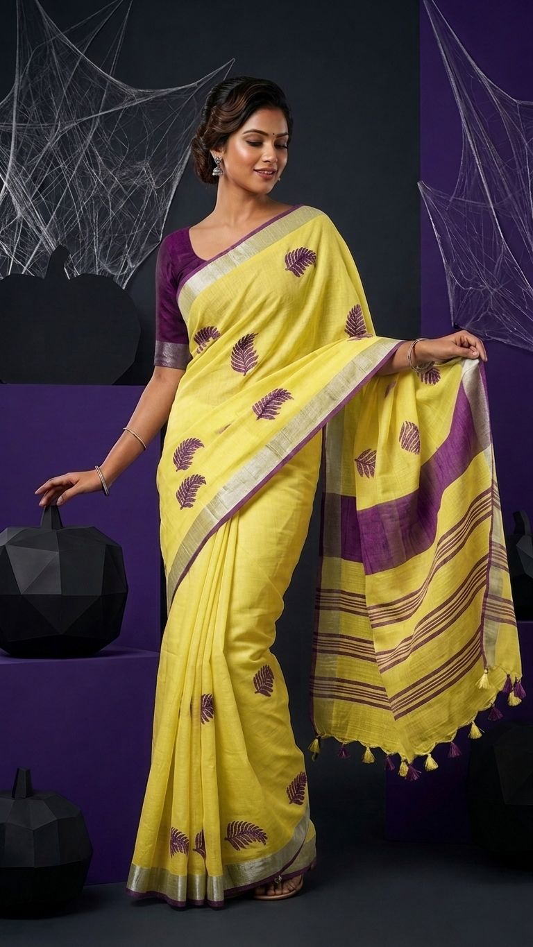 Handwoven Bhagalpuri Linen Blend Embroidered Saree With Contrast Blouse Piece(Yellow_Purple)