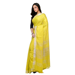 Lemon Yellow Bhagalpuri women's Handloom Linen Cotton Ethnic Wear Saree With Running Unstitched Blouse Piece - View 5