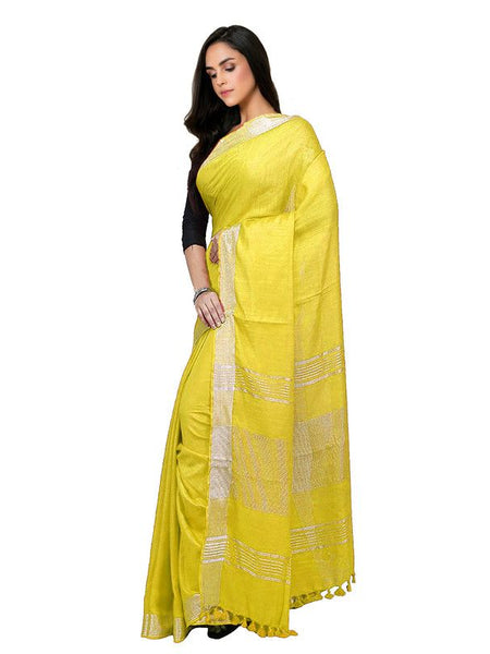 Lemon Yellow Bhagalpuri women's Handloom Linen Cotton Ethnic Wear Saree With Running Unstitched Blouse Piece - View 5