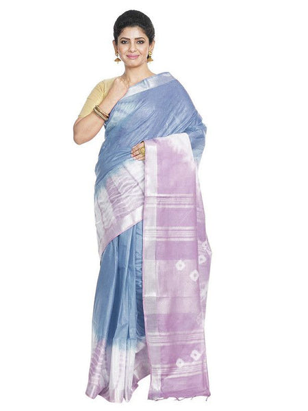 Carolina Blue & Thistle Purple women's Bhagalpuri Handloom Cotton Linen Slub Blend Tie Two Dye (Sibory Two Dye) Saree With Running Unstitched Blouse Piece