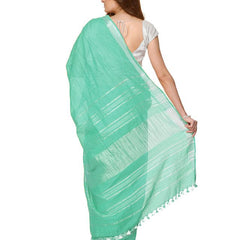 Mint Turquoise women's Handloom Bhagalpuri Cotton Linen Slub Blend Zari Border Saree Ethnic Wear With Running Unstitched Blouse Piece - View 2