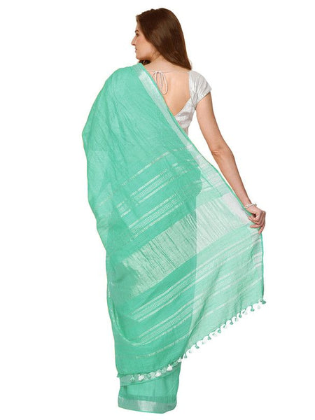 Mint Turquoise women's Handloom Bhagalpuri Cotton Linen Slub Blend Zari Border Saree Ethnic Wear With Running Unstitched Blouse Piece - View 2