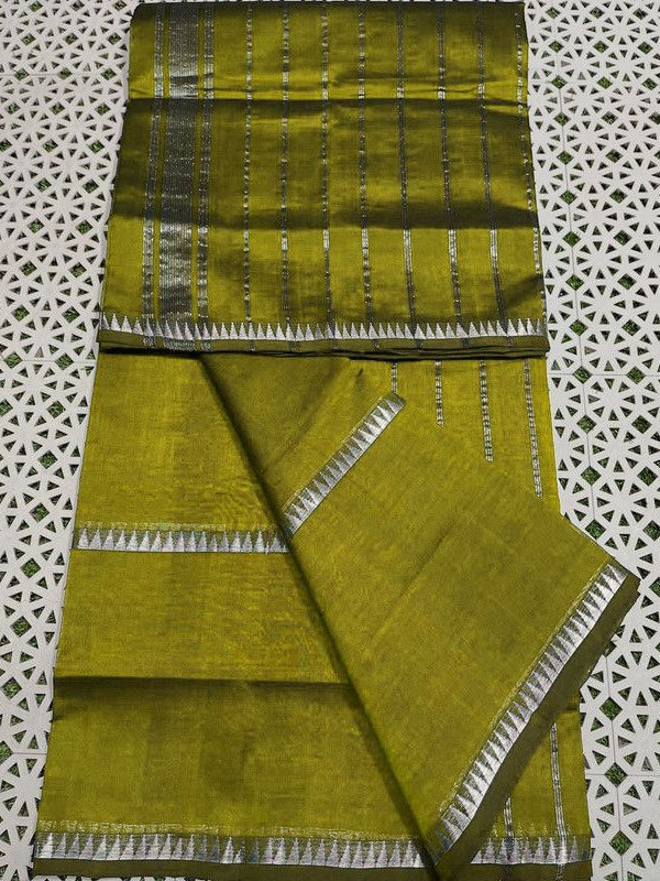Cotton Handloom Mangalagiri Silk Saree with Temple Border (100224 Olive_Green)