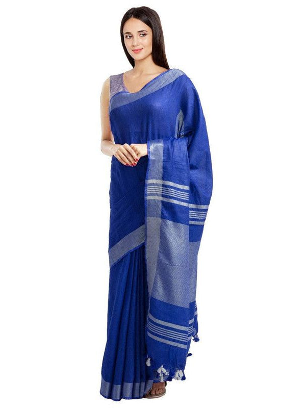 Fine Blue women's Bhagalpuri Handloom Blend Linen-Cotton Saree With Running Unstiched Blouse Piece_Free Size_Variation Of Colors