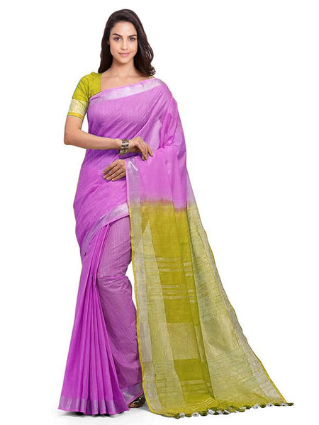women's Bhagalpuri Handloom Linen Slub Blend Two Dye Saree With Running Unstitched Blouse Piece - View 2