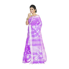 Electric Purple women's Bhagalpuri Handloom Linen Blend Tie-Dye (Sibory Dye) Saree With Running Unstiched Blouse Piece