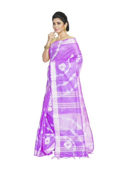 Electric Purple women's Bhagalpuri Handloom Linen Blend Tie-Dye (Sibory Dye) Saree With Running Unstiched Blouse Piece