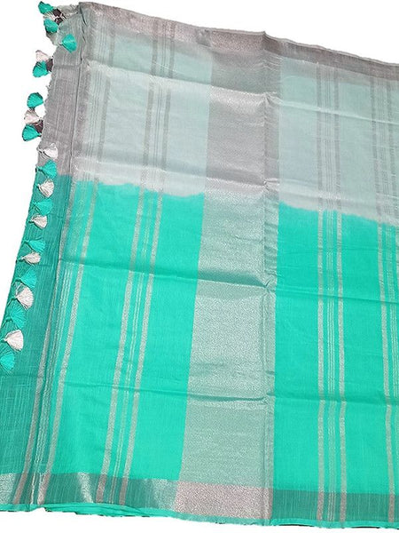Turquoise women's Bhagalpuri Linen-Slub Blend Two Dye Saree With Blouse Piece - View 2