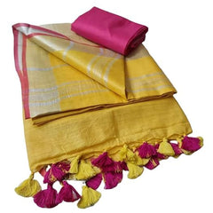 Handloom Bhagalpuri Linen Cotton Blend Contrast Border Saree for Women (12648 Yellow_Pink) - View 2