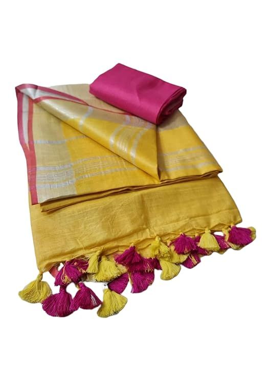 Handloom Bhagalpuri Linen Cotton Blend Contrast Border Saree for Women (12648 Yellow_Pink) - View 2