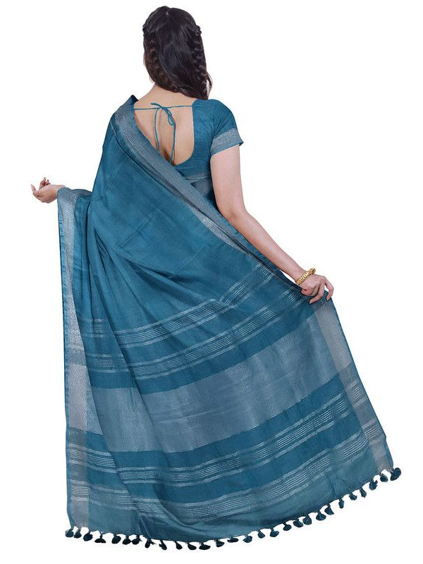 Cerulean Blue & Pigment Green women's Bhagalpuri Handloom Cotton-Linen Blend Saree Combo (Pack Of 2) With Running Unstiched Blouse Piece - View 4