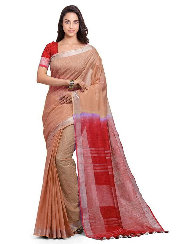 Persian Orange & Red women's Handloom Bhagalpuri Linen Blend Two Dye Saree With Running Unstitched Blouse Piece