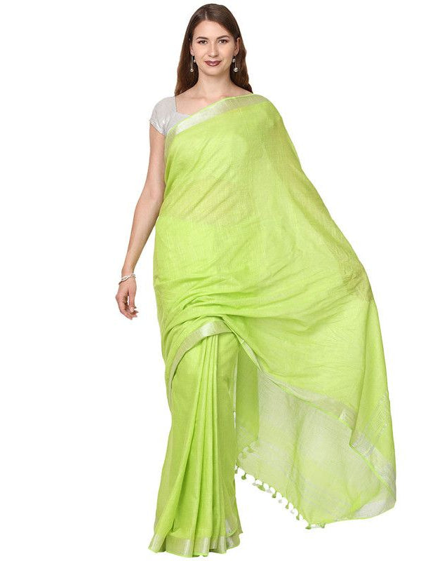 Green women's Cotton Slub Saree With Blouse Piece - View 3