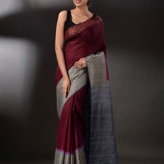 Semi Tussar Silk Handloom Two Dye Saree with Blouse Piece (Throns_Maroon & Troiet_Grey) - View 2