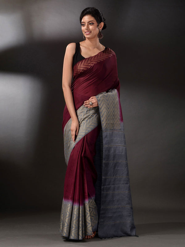 Semi Tussar Silk Handloom Two Dye Saree with Blouse Piece (Throns_Maroon & Troiet_Grey) - View 2