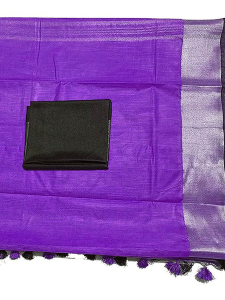 Bhagalpuri Handloom women's Linen Slub Blend Saree With Black Pipin Contrast Blouse Piece