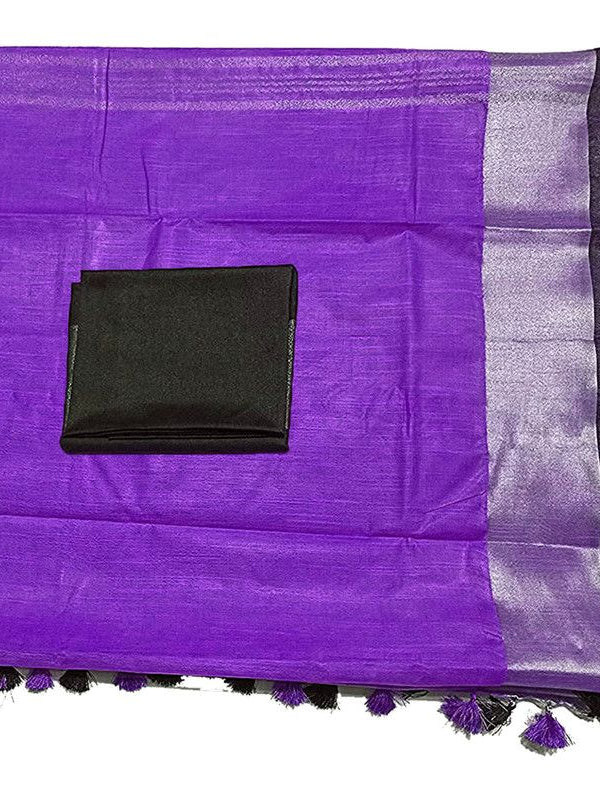 Bhagalpuri Handloom women's Linen Slub Blend Saree With Black Pipin Contrast Blouse Piece