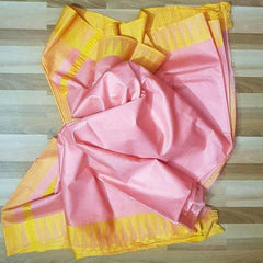 Semi Tussar Silk Handloom Temple Border Bhagalpuri Saree (100183 Fairy_Pink-Yellow)