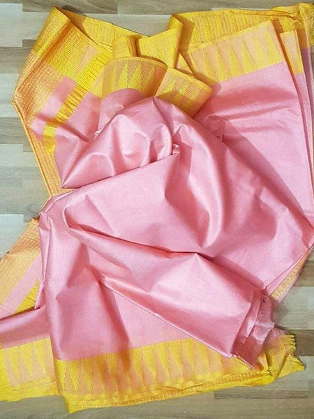 Semi Tussar Silk Handloom Temple Border Bhagalpuri Saree (100183 Fairy_Pink-Yellow)