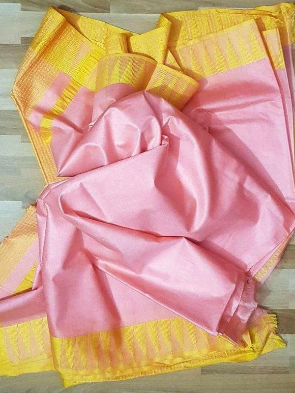 Semi Tussar Silk Handloom Temple Border Bhagalpuri Saree (100183 Fairy_Pink-Yellow)