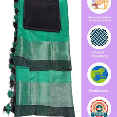 Aquamarine Green Bhagalpuri Handloom women's Linen Slub Blend Saree With Black Pipin Contrast Blouse Piece - View 2