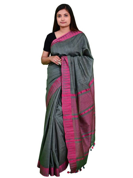 Bhagalpuri Handloom Kota Silk Temple Border Saree And Variation Of Colors With Striped Blouse Piece