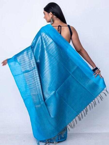 Handloom Bhagalpuri Cotton Munga Silk Crafted Zari Weaving Saree for women's (Azure) - View 2