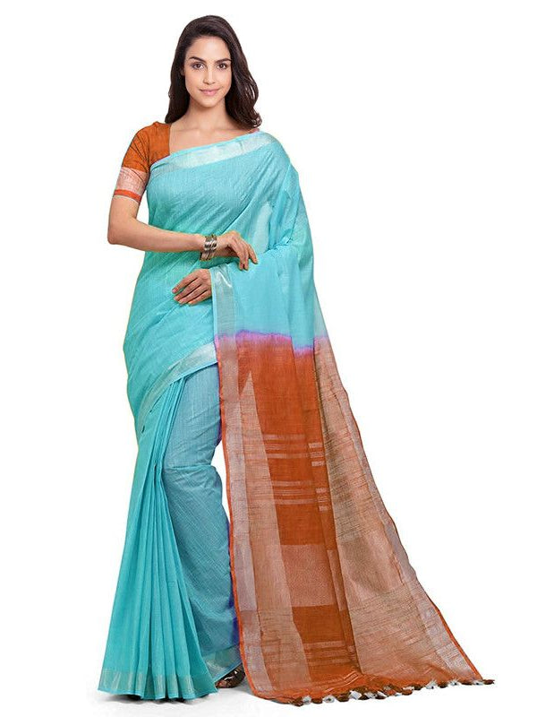 Turquoise & Mohangni Orange women's Handloom Bhagalpuri Cotton Linen Blend Two Dye Saree With Running Unstitched Blouse Piece