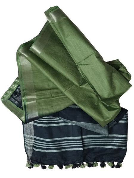 Oxford Blue & Pistachio Green women's Bhagalpuri Ethnic Wear Handloom Cotton Linen Blend Zari Border Two Dye Saree With Running Unstitched Blouse Piece - View 4