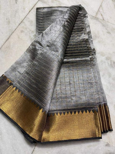 Cotton Silk Handloom Bhagalpuri Wide Border Check Saree (Gold-Grey)