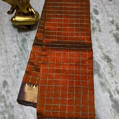 Cotton Silk Handloom Bhgalpuri Check Saree with Gold Zari Border with Blouse Piece for Women (100169 Mahogany_Orange)