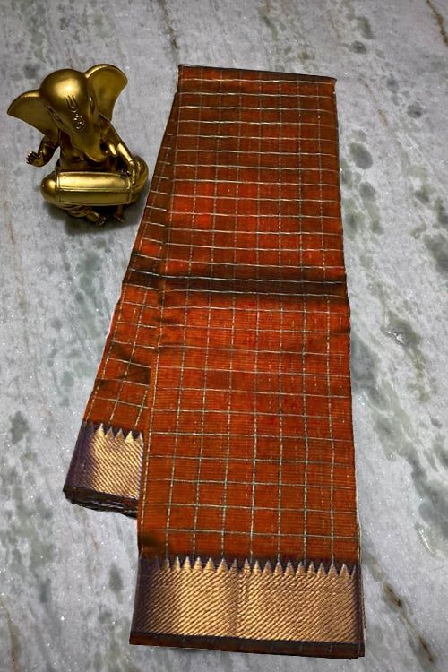 Cotton Silk Handloom Bhgalpuri Check Saree with Gold Zari Border with Blouse Piece for Women (100169 Mahogany_Orange)