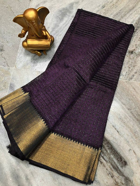 Cotton Silk Handloom Bhagalpuri Wide Border Check Saree (Gold-Thunder_Coke)