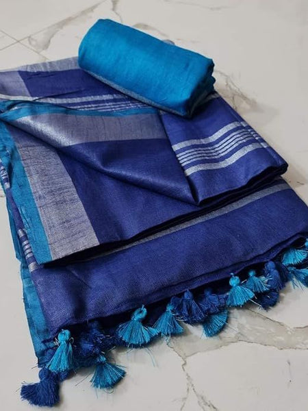 Handloom Bhagalpuri Linen Cotton Blend Contrast Border Saree for Women (12618 Duke_Blue-Cyan)