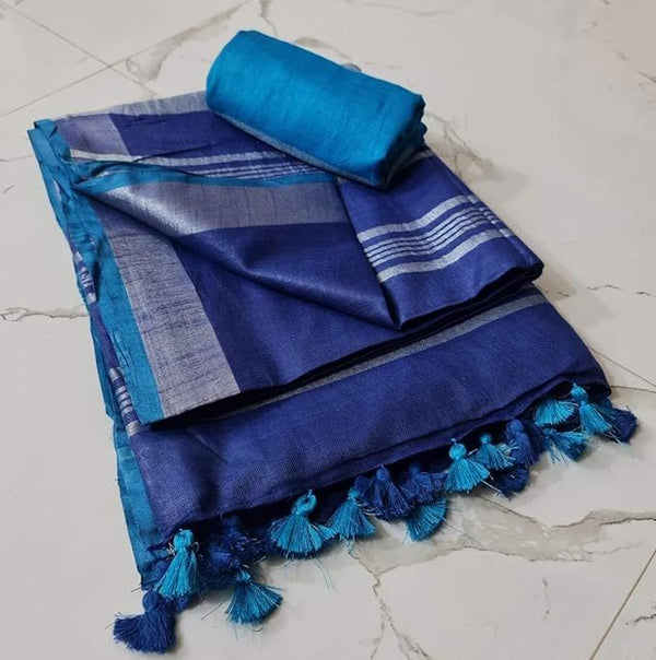 Handloom Bhagalpuri Linen Cotton Blend Contrast Border Saree for Women (12618 Duke_Blue-Cyan)