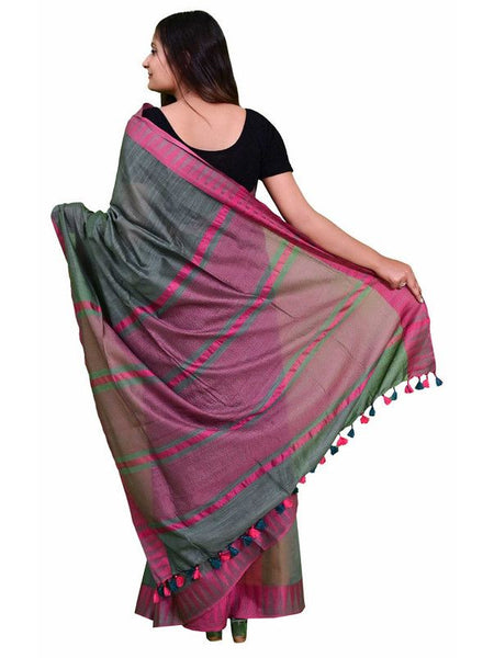 Bhagalpuri Handloom Kota Silk Temple Border Saree And Variation Of Colors With Striped Blouse Piece - View 3