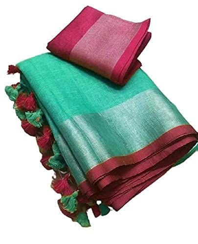 Turquoise-Pink women's Handloom Bhagalpuri Cotton Linen Blend Saree Ethnic Wear With Contrast Unstitched Blouse Piece - View 2