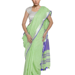 Light Green-Blue women's Bhagalpuri Handloom Cotton Linen Blend Contrast Pallu Saree And Unstitched Contrast Blouse Piece