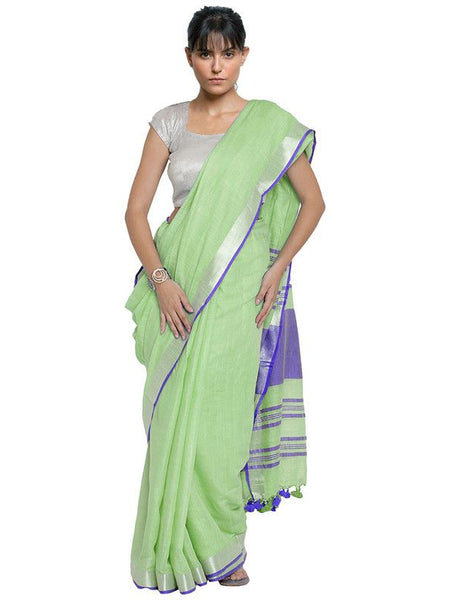 Light Green-Blue women's Bhagalpuri Handloom Cotton Linen Blend Contrast Pallu Saree And Unstitched Contrast Blouse Piece