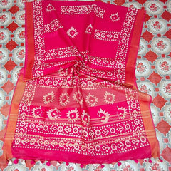 Blend Linen Cotton Handloom Batik Print Saree (GLBR_Gold-Deep_Pink)