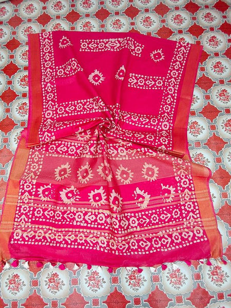 Blend Linen Cotton Handloom Batik Print Saree (GLBR_Gold-Deep_Pink)