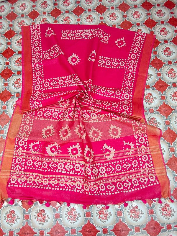 Blend Linen Cotton Handloom Batik Print Saree (GLBR_Gold-Deep_Pink)