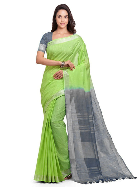 Lawn Green & Grey women's Handloom Bhagalpuri Linen Blend Two Dye Saree With Running Unstitched Blouse Piece