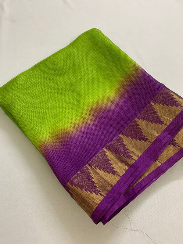 Kota Organza Silk Handloom Two Dye Net Saree with Temple Border (Kelly_Green & Magenta) - View 6