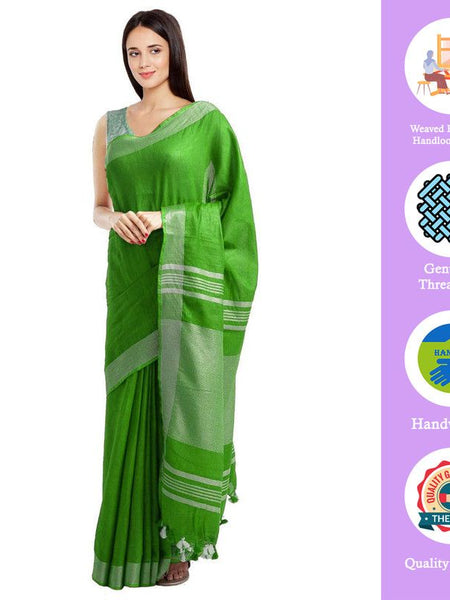 Green women's Bhagalpuri Handloom Blend Linen-Cotton Saree With Running Unstitched Blouse Piece Free Size Variation Of Colors