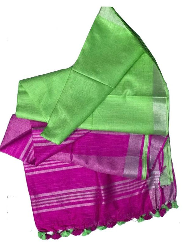 Fandango Pink & Screamin Green women's Ethnic Wear Bhagalpuri Handloom Linen Blend Two Dye Saree With Running Unstitched Blouse Piece - View 4