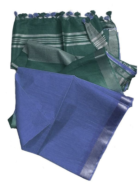 Hooker's Green & Slate Blue women's Ethnic Wear Bhagalpuri Handloom Linen Slub Blend Two Dye Saree With Running Unstitched Blouse Piece