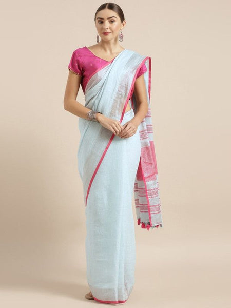 Handloom Linen Cotton Blend Contrast Pallu Bhagalpuri Saree for Women (Cellie_Cyan-Pink)