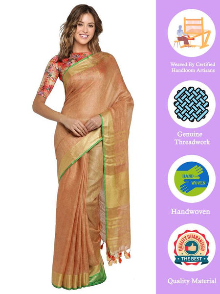 Fawn Brown women's Bhagalpuri Handloom Cotton Linen Blend Saree With Contrast Unstiched Blouse Piece