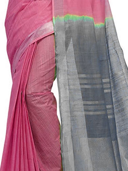 Flamingo Pink & Grey women's Bhagalpuri Handloom Ethnic Wear Linen Two Dye Saree With Running Unstitched Blouse Piece - View 4